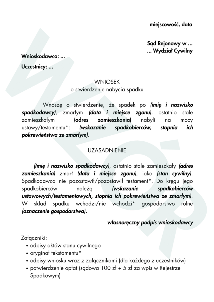 wniosek o stwierdzenie nabycia spadku wzór